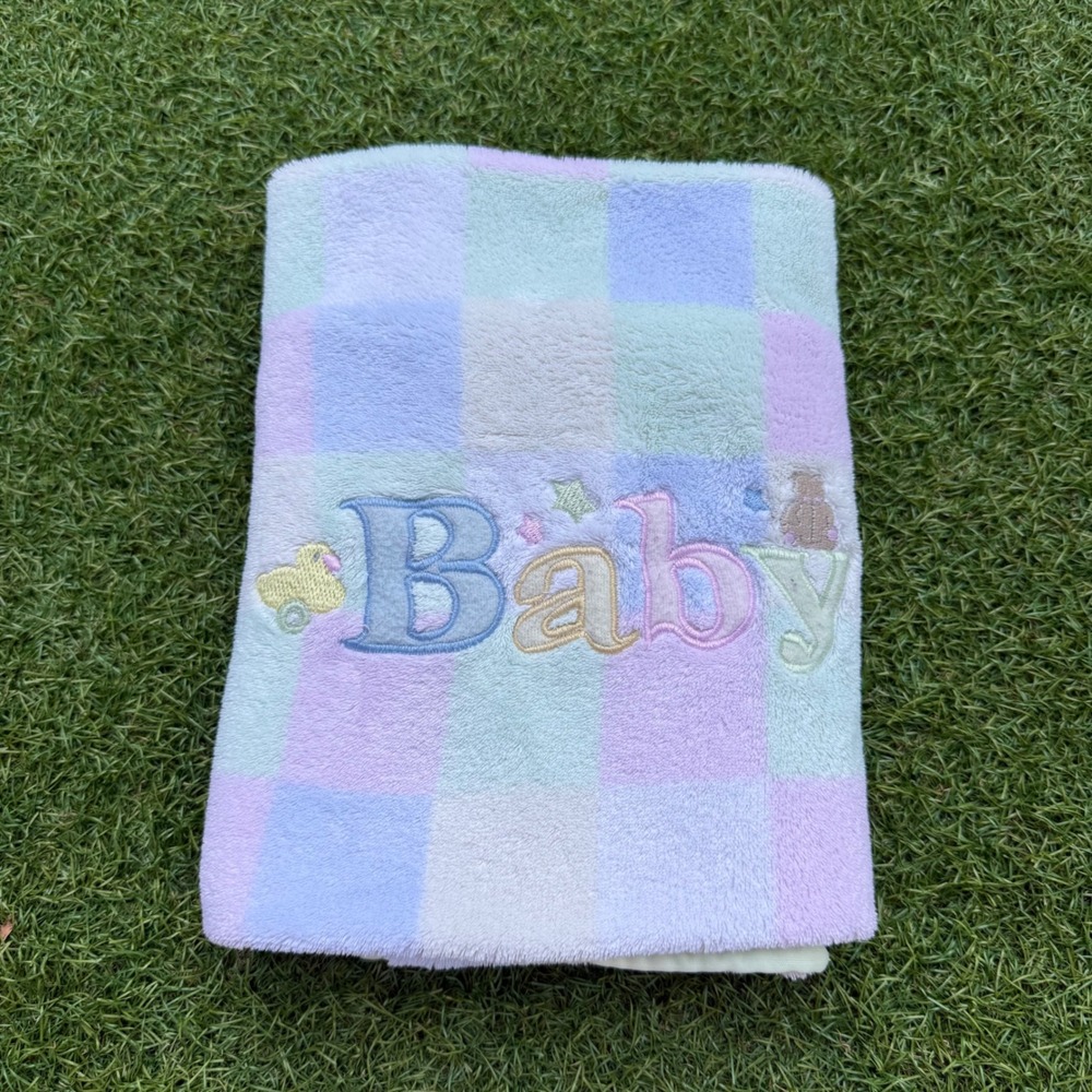 Vintage Y2K Baby Connection Pastel Checkered Fleece Blanket Fuzzy Multicolored